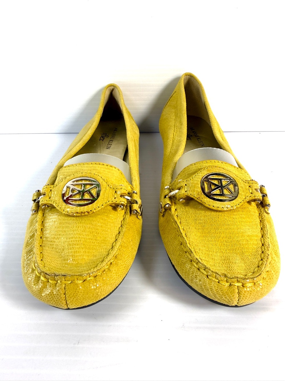 Anne Klein Yellow Slip-On Loafers with Decorative Medallion